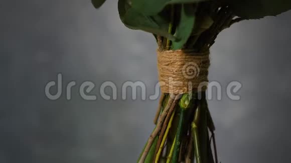 霍比花店花束上用麻绳系的花茎特写围绕深色背景特写花型设计视频的预览图