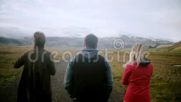 后景组的年轻人一起走在路上聊天两个女人和男人一起探索冰岛视频的预览图