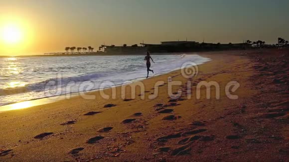 女人在海滩海边慢跑日出视频的预览图