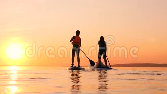两名运动员在日落的背景下在水面上觅食视频的预览图