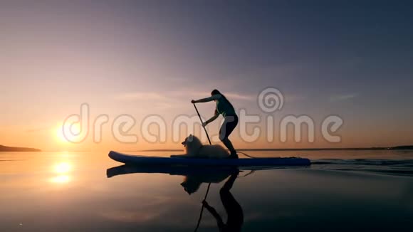 运动女孩和她的狗在日落背景下划桨视频的预览图