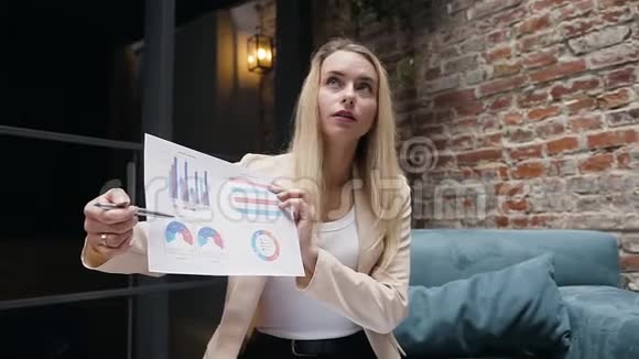 有自信的经验的年轻金发女商人向她的商业伙伴解释图表视频的预览图