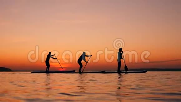 三名运动员在日落背景下用桨板训练视频的预览图