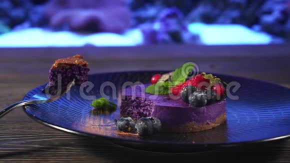 水族馆附近叉子上的一片蓝莓芝士蛋糕视频的预览图