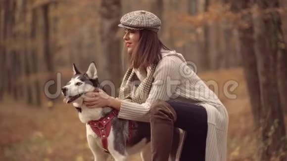 秋天的肖像女子带着狗在黄色枫叶上的自然背景秋天和树叶飘落的梦想你好秋视频的预览图