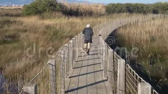 阳光明媚的一天灰头发的老人在沼泽上空的吊桥上奔跑视频的预览图