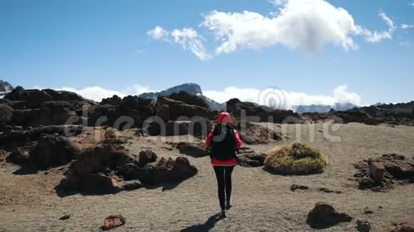 女徒步旅行者背着背包朝蓝天和云彩的山顶走去慢动作女士正在徒步旅行视频的预览图