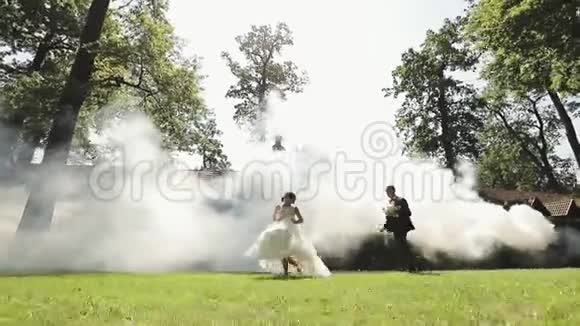 新婚夫妇一起在公园里跑步可爱的新郎和新娘家庭幸福恋爱中的男人和女人结婚纪念日视频的预览图