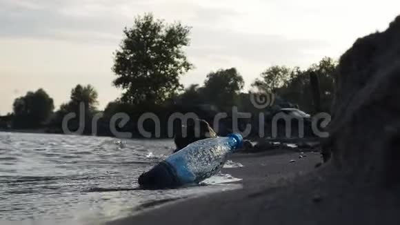一个塑料瓶躺在海滩上波浪在上面冲刷防治环境污染的概念视频的预览图