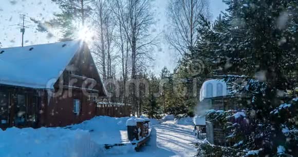 电影院冬天阳光明媚的风景在森林里有房子缓慢美丽的降雪视频循环视频的预览图