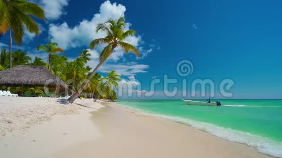 在索纳天堂岛的绿松石海中有棕榈和帆船的海滩视频的预览图