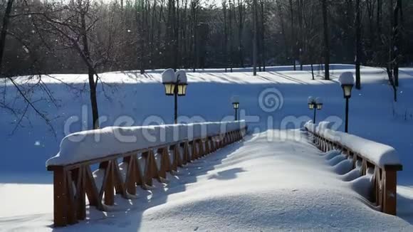公园内美丽的冬季景观冰冻池塘和桥视频的预览图