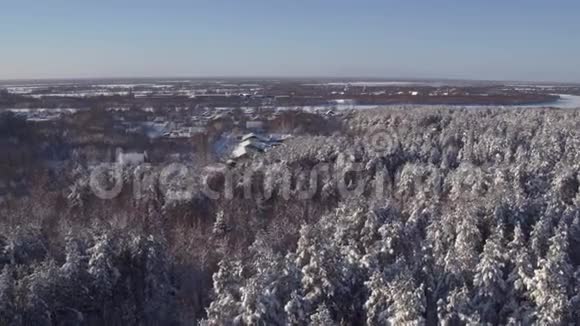 冬季森林飞越4k村庄房屋的空中照片视频的预览图
