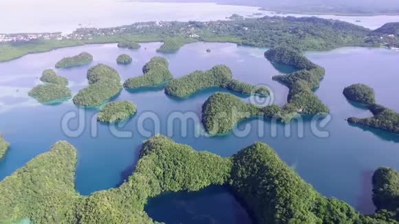 科罗岛的鸟瞰图许多绿色小岛带有五颜六色珊瑚礁和热带泻湖的海景帕劳景观视频的预览图