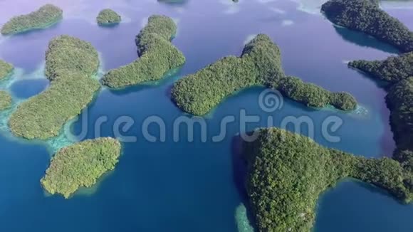 科罗尔岛鸟瞰图许多绿色小岛有彩色珊瑚礁和热带泻湖的海景帕劳一世视频的预览图