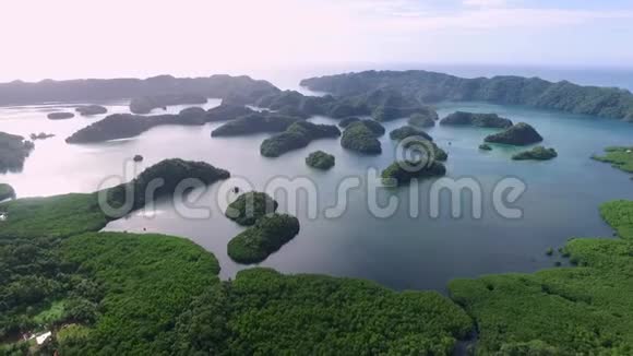 鸟瞰科罗岛许多绿岛带有五颜六色珊瑚礁和热带泻湖的海景空中景色视频的预览图