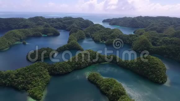 科罗岛的鸟瞰图许多绿色小岛带有五颜六色珊瑚礁和热带泻湖的海景帕劳视频的预览图