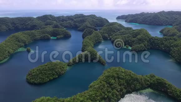 科罗岛的鸟瞰图许多绿色小岛带有五颜六色珊瑚礁和热带泻湖的海景帕劳视频的预览图