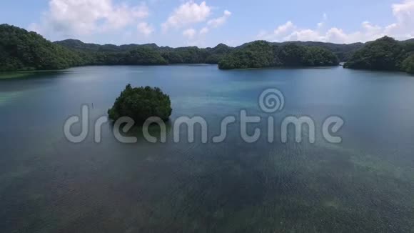 科罗岛的鸟瞰图许多绿色小岛背景中带着五颜六色珊瑚礁和热带泻湖的帕劳海相视频的预览图