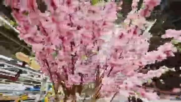围绕超市里漂亮的粉红色樱花花的运动视频的预览图