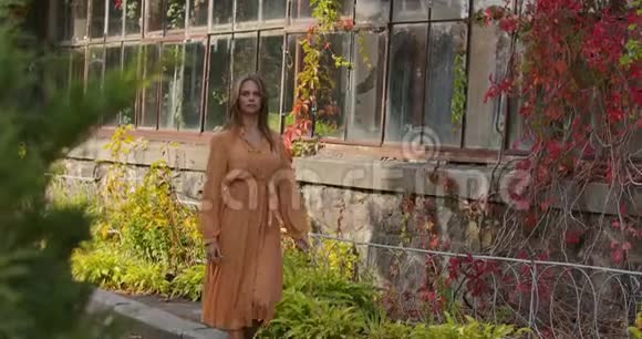 神秘的白种人女人走在布满红色灌木丛的建筑旁微笑着年轻漂亮的芥末小姐视频的预览图