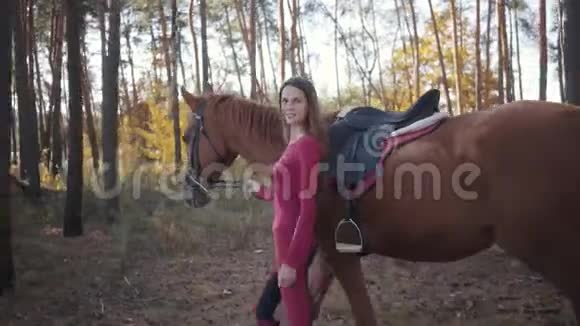秋天一个穿着粉红色衣服的白种人年轻女孩带着美丽的棕马在树间散步视频的预览图