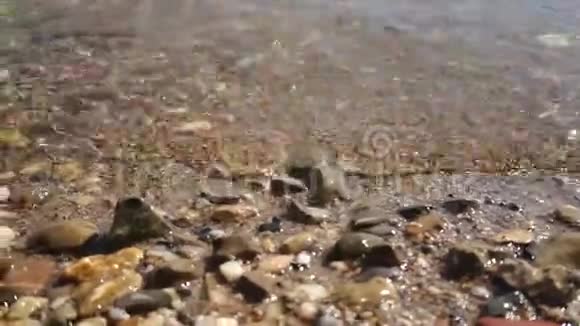 在石质海滩的特写镜头上有超慢的波视频的预览图