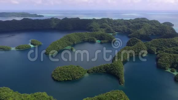 科罗岛的鸟瞰图许多绿色小岛帕劳海相带珊瑚礁和热带泻湖三视频的预览图