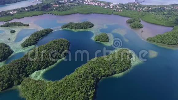 科罗岛的鸟瞰图许多绿色小岛帕劳海相带着五颜六色的珊瑚礁和热带泻湖II视频的预览图