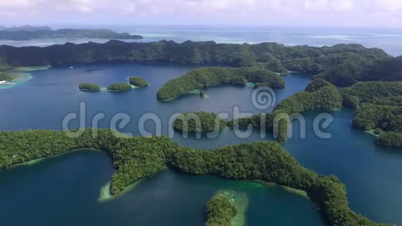 科罗岛的鸟瞰图许多绿色小岛帕劳海相带着五颜六色的珊瑚礁和热带泻湖视频的预览图