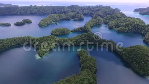 科罗岛的鸟瞰图许多绿色小岛带有五颜六色珊瑚礁和热带泻湖的海景帕劳视频的预览图