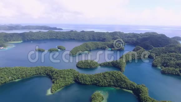 科罗岛的鸟瞰图许多绿色小岛帕劳海相带着五颜六色的珊瑚礁和热带泻湖视频的预览图