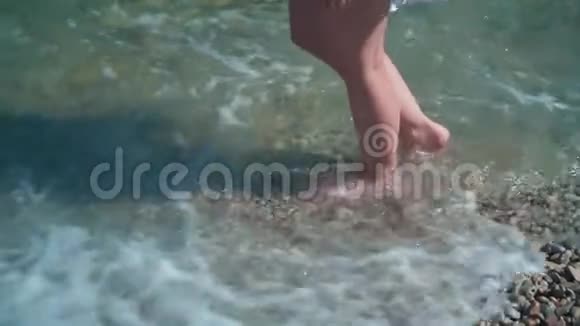 女性腿的特写一个赤脚的女孩走在海滨脚在水里视频的预览图