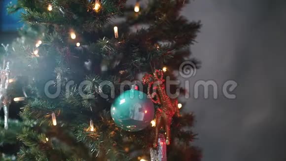 一个男孩在圣诞树上装扮一只圣诞鹿视频的预览图