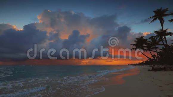 带着异国风情的椰子棕榈树的热带海岛海滩上壮观的海上日出视频的预览图