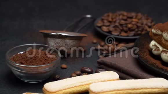 经典的提拉米苏甜点和萨沃亚迪饼干在陶瓷盘子上的混凝土背景视频的预览图