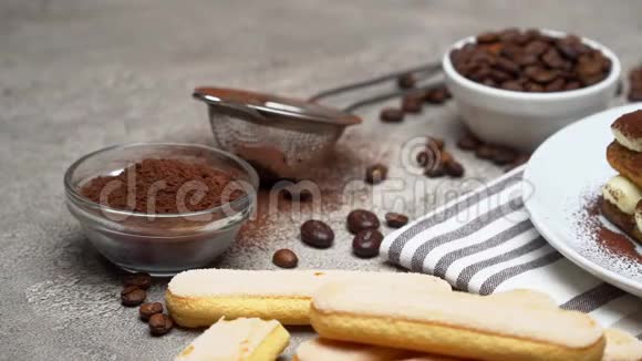 经典的提拉米苏甜点和萨沃亚迪饼干在陶瓷盘子上的混凝土背景视频的预览图