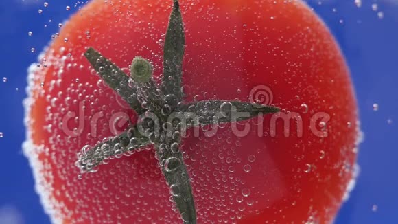 有气泡的水中番茄多汁蔬菜特写宏观选择性聚焦清洁饮食概念视频的预览图