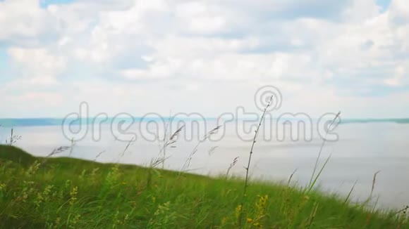 风中的草在河边的小山上天空阴云密布视频的预览图