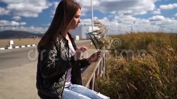 漂亮的女孩或穿着夹克的年轻女人坐在手里吹着芦苇花等着别人慢动作视频的预览图