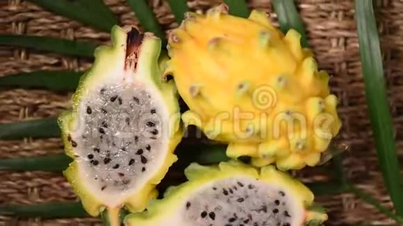 棕榈枝上的黄色火龙果旋转背景上景柑橘类水果素和生食概念切割的龙视频的预览图