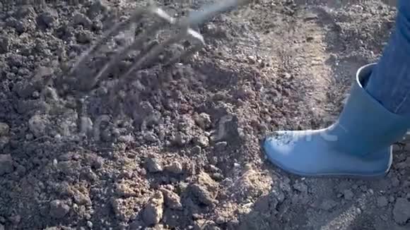 在花园里工作用铲子叉挖春土视频的预览图