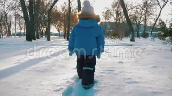 一个可爱的小男孩在冬天穿过公园户外娱乐视频的预览图