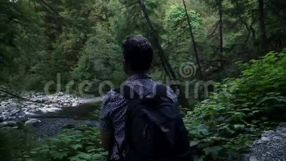 一个孤独的中年男子背着背包望着常绿森林里的一条河视频的预览图
