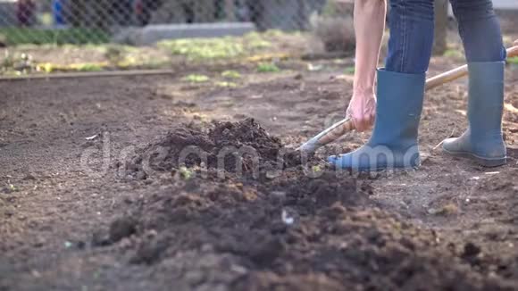 在花园里工作用铲子叉挖春土视频的预览图