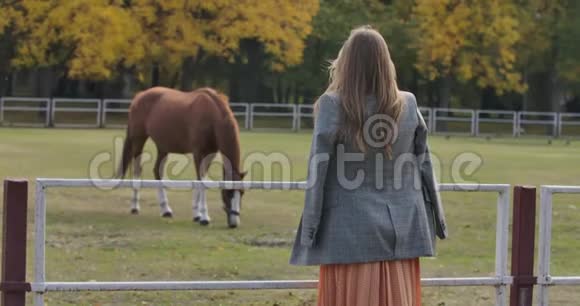 秋天公园里一位棕色长发的白人女子站在科拉尔旁边可爱的女孩视频的预览图