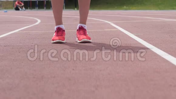 一名年轻女子慢跑运动员的红色短腿她每天在城市体育场馆训练跑步视频的预览图