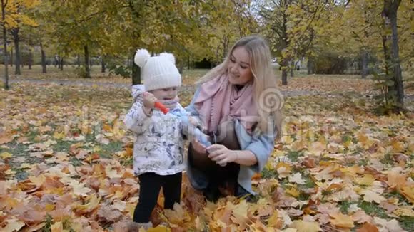 妈妈和女儿在公园里吹泡泡视频的预览图