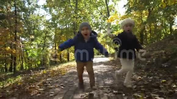 快乐的兄弟姐妹在玩耍时沿着公园小路奔跑视频的预览图