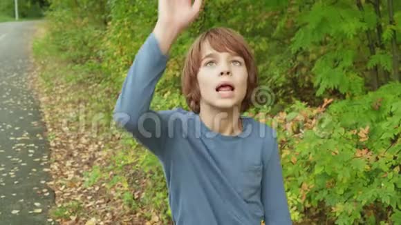 肖像少年男孩在夏天公园捉蚊子或苍蝇嬉戏的少年挥舞双手抓飞视频的预览图